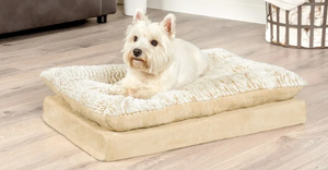 lot 289 image: FurHaven Pet Products Medium Embossed Faux Fur & Suede Pillow Top Mattress Dog & Cat Bed, Taupe