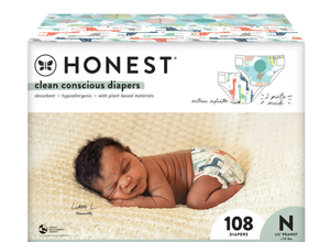 lot 581 image: The Honest Company, Clean Conscious Disposable Baby Diapers, Above It All & Giraffes Prints, Size NB, 108 Count