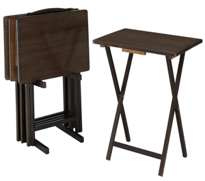 lot 425 image: Mainstays Indoor Folding Table Set of 4 in Walnut L19 x W15 x H26 inches. 4 Tables1 Rack Stand