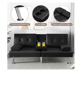 lot 677 image: Yaheetech Modern Faux Leather Convertible Futon Sofa Bed with Cup Holders, Black