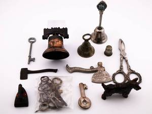 lot 33 image: Vintage Lot Keys Bells Thimble Scissors