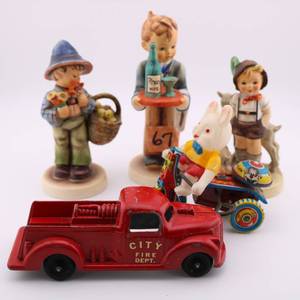 lot 51 image: Goebel Lot West Germany Figurines Fire Dept Toy Turck Wind Up Toy