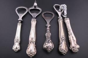 lot 129 image: Sterling Handle Bottle Openers Lot of 5 Vintage Antique 264 Grams