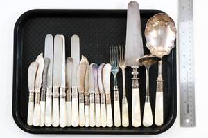 lot 131 image: Mother of Pearl Handle Flatware Sterling Band Silver Plated