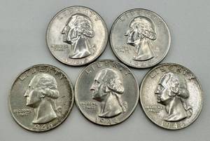 lot 179 image: Washington Quarters Lot of 5 1945-P 1945-D 1946-P 1946-D 1946-S
