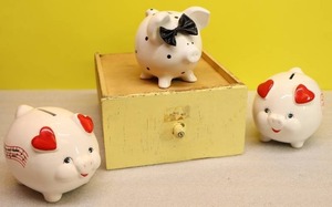 lot 7 image: Vintage Porcelain Pig Piggy BanksHand-Painted Hearts Valentines Im Saving it All For You Black Bow Polk-A-Dots Etc.