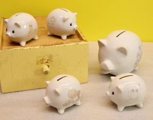 lot 19 image: Vintage Pig Piggy Coin BanksHand-Painted Porcelain Precious Moments 1984 Enesco Japan Rare Two wUnpainted Eyes