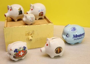 lot 32 image: Vintage Pig Piggy Coin BanksHand-Painted Porcelain California SMIWES Monterey Peninsula Smith Western Taiwan Switzerland Etc