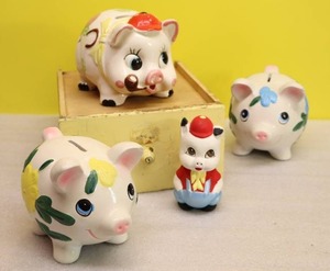 lot 41 image: Vintage Pig Piggy Coin BanksHand-Painted Porcelain Japan Taiwan Porky Pig Red Baseball Hat
