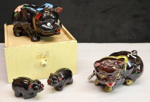 lot 46 image: Vintage Pig Piggy Coin BanksHand-Painted Clay Pottery For That Mink Flowers wPadlock and Jewel Eyes Etc