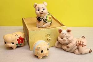 lot 12 image: Vintage Pig Piggy Coin BanksHand-Painted Handcraft Studio Norton Ohio 1982 Lazy Money MM Japan Pottery Ceramic Etc..,