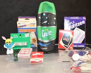 lot 59 image: Vintage NBA Sprite Basketball, Hoyle Poker Chips NIB, Playing Cards Jackpot Casino By Paulson, Maverick, 1979UNO, New Cardinal Dice Set, 1986 Travel PlayonWordz, YahtzeeTriple Yahtzee Score Cards Etc