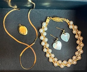 lot 3A image: Collectible Gold Pearl Abalone Jewelry6 Pearl Gold Woven Bracelet, 15 Gold Necklace, Abalone Heart Earrings, Etched Gold Locket Pendant