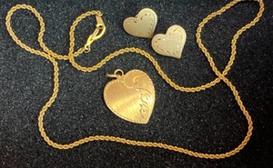 lot 4A image: Collectible Gold JewelryLamode Etched Gold 1 Heart Pendant Back Marked Your 3M Friends wEtched Earrings, 18 Gold Necklace.
