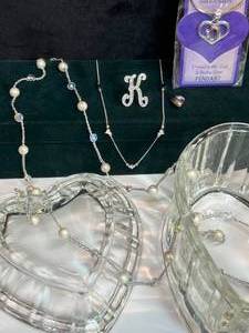 lot 10A image: Collectible Silver JewelryGods Heart Necklace Layered in 18 KT Gold & Sterling Silver, 14 Sterling Silver() Heart Station Necklace, 24 Beaded Necklace, Silver Crystal K 1 Brooch, Bubble Heart Pendant