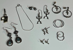 lot 12A image: Vintage Silver Jewelry Collection Statement Earrings Pendants Miniature Teddy Bears Cross Variations O-K Gesture Etc