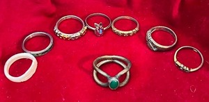 lot 15A image: Vintage Collectible Rings of Sterling Silver(2) Abalone Gold Jade Owl Etc.