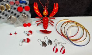 lot 16A image: Vintage Mid-Century Jewelry Collection...Bracelets Earrings Bobbers Fishing Tackle Lures Red White Blue Gold Silver Etc.