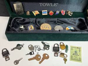 lot 70 image: Collection of Miniature Locks Keys Pin-Backs Badges Perfume Bottle Etc