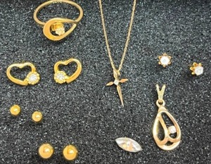 lot 5A image: Collectible Gold JewelryMarvel Teardrop 1-20 12K GF Pendant wStone Diamond-Style Cubic Zirconia() Heart Earrings, 18 Cross wStone Necklace, Gold & Diamond-Style Stud Earrings, Vintage Avon Gold-Tone Rhinestone Ring(6)