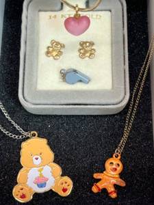 lot 6A image: Collectible Childrens Jewelry14 KT Gold Etched Teddy Bear Earrings, Marvel 12 KT GF 18 Necklace wGingerbread Pendant, CareBear 16 Birthday Necklace H. Eldon Ltd. VN CA 1983 A.G.C. Taiwan