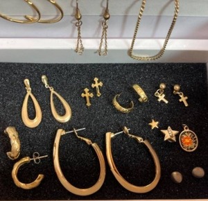 lot 8A image: Collectible Gold Jewelry & Accessories7 Gold Bracelet, Cloisonn 12 Oval Pendant, Hoop Earrings, Solo Star Gold Earring wGems, 1-12 Gold Teardrop Etc