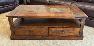 lot 20 image: Rustic Style Wooden Coffee Table with Slate Tile Accents