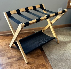 lot 108 image: Folding Suitcase Stand Heavy Duty with Storage Shelf Portable Luggage Rack