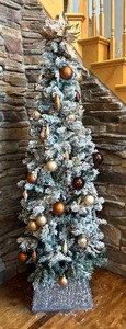 lot 122 image: Beautiful 7 Foot Flocked Holiday  Christmas Tree with Variety of Ornaments