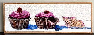 lot 62 image: Fun Canvas Framed Wall Print 3 Cupcakes in Pink with Raspberries  Cupcake Wall Art
