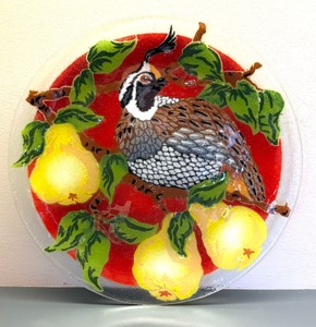 lot 88 image: Vintage Signed Peggy Carr Pheasant & Pears Fused Glass Plate