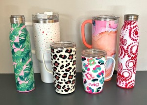 lot 114C image: Six Insulated Tumblers by Stanley and Swig including Swig Dreamsicle Tumbler & Stanley Terrazzo Confetti Tumbler