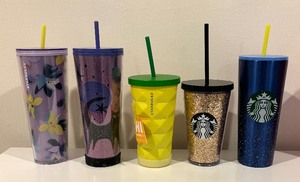 lot 347 image: Five Starbucks Tumblers including Starbucks Halloween 2020 Black Cat Moon Stars Purple 24 Oz Venti Tumbler