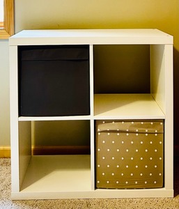 lot 329 image: White Four Cubby Storage with Two Storage Bins