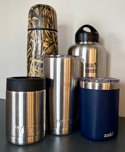 lot 397 image: Insulated Cups  2 Yeti & 1 Zak, Klean Kanteen and Camo Thermos