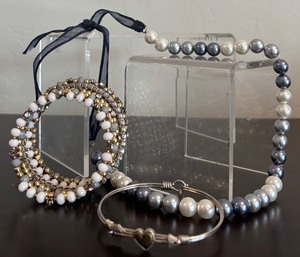 lot 382 image: Blue and Faux Pearl Beaded Necklace, Stacked Bracelet (One Piece) and Love Arrow Bracelet