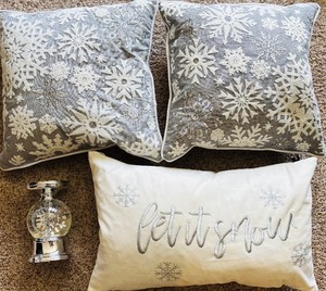 lot 245 image: Group of 3 Christmas Themed Pillows and a Snow Globe Candle Holder