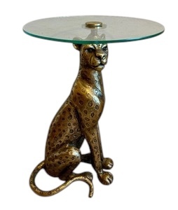 lot 13 image: Spotted Sitting Leopard Side End Gold Accent Table with Glass Tabletop