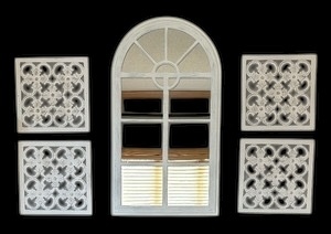 lot 39 image: Decorative Cathedral Style White Wall Mirror with Four Decorative Panels