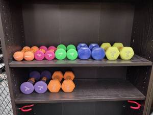 lot 27 image: (14) Neoprene Dumbbells Weights in pounds 6, 5, 3, 2. Recognized brands Tone Fitness, Reebok, CG