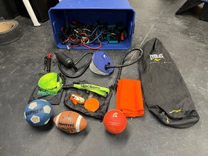 lot 87 image: Gym equipment 2 Slackers line, ball pumps, jump ropes, Sevylor Foot pump, 2 lb. Cap lines-o-ball, storage container