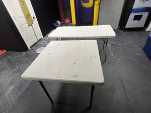 lot 100 image: (2) Lifetime folding tables one square 3 x 3, one rectangle 59  long.