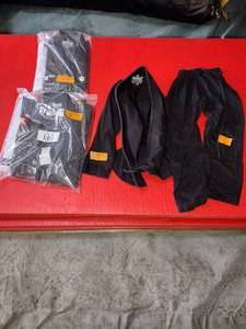 lot 129 image: Combat Corner CRNR Adult A-4 black v6 BJJ GI robe with white belt and (2) youth Recruit kimonos Y11 and Y0
