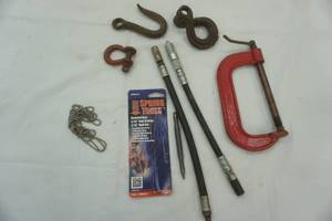 lot 69 image: Large C clamp, cast metal hooks and other