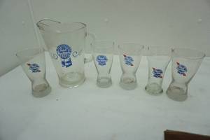 lot 158 image: Pabst Blue Ribbon Pitcher and 5 glasses