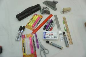 lot 165 image: Office Supply Lot notecards, highlighters, staplers, hole punchers, Sharpies, and more