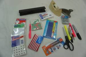 lot 166 image: Office Supply Lot American Flag stickers, labels, notecards, tape dispenser, hole puncher, scissor, paper clips, pens, markers