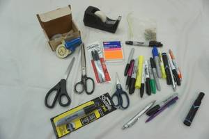 lot 169 image: Office Supply Lot labeler, scissors, tape dispenser Sharpies, paper clips, push pins