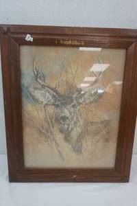lot 173 image: Artwork 19x2. Deer. Wood frame with glass. K. Maroon 78