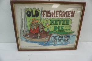lot 195 image: Old fisherman never die...they just smell like they have. 17x 13 glass.